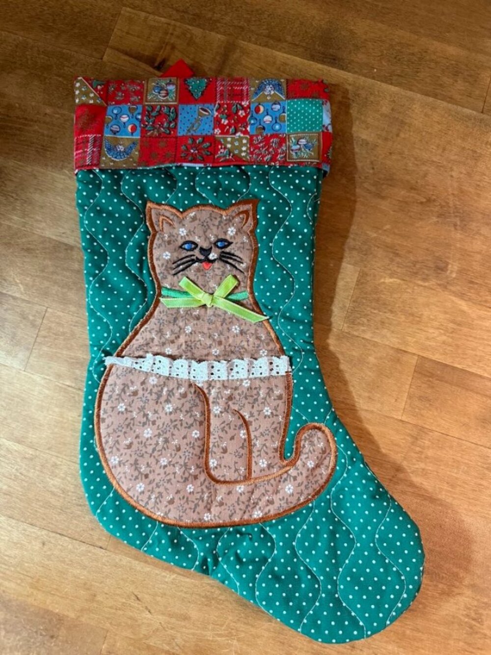 Vintage Quilted Embroidered Kitten Cat Christmas Stocking